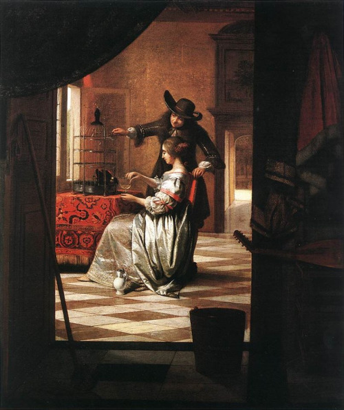 Pieter Hooch, Coppia con pappagallo, 1675.