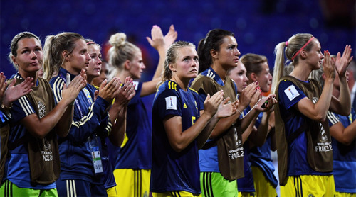 Players of Sweden look dejected after the match vs. Netherlands