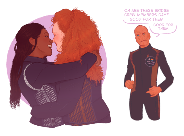 Next, s3 era Michael & Tilly hold each other, smiling into each other’s mouths. Saru says behind them, “are these crewmen gay? good 4 them.” hes wearing a pin saying “i heart my pan ensign” /END ID