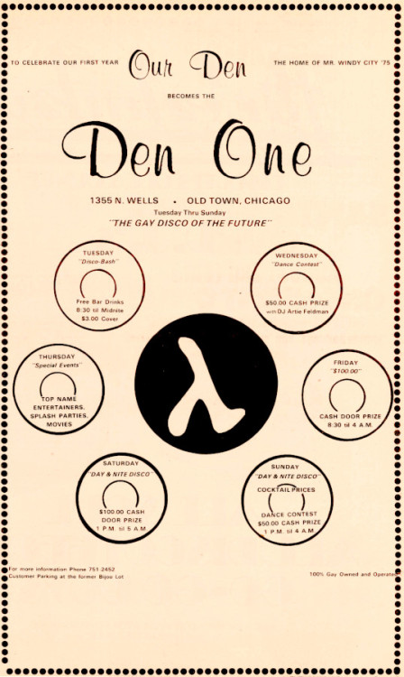 Ad for Our Den AKA Den One (1355 N. Wells, Chicago, IL).Located in Chicago&rsquo;s Old Town neig