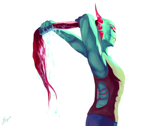 iscoppie:undyne squeezing water out of her hair has been in my mind 4 so long
