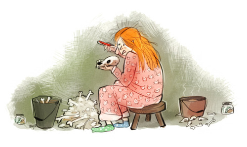 artofmaquenda:  I was sitting in the garden in my pink Hello Kitty pyjamas (it’s Sunday mind you) and my unbrushed hair, cleaning my dog’s bones and another pile of bird bones.I looked up at the sound of two young kids walked suddenly walking by.
