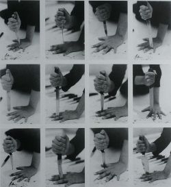 2headedsnake:  Marina Abramovic began performing in 1972 with Rhythm 10  exploring rituals and gestures, with knives and two tape recorders playing the Russian game - banging the knife between open fingers, each time the artist took new cutting knife