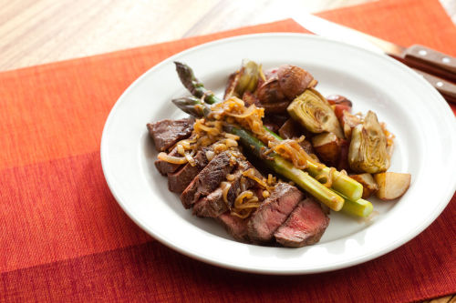 yummyinmytumbly:Flat Iron Steaks with Artichoke-Potato Hash, Purple Asparagus & Caramelized Shal