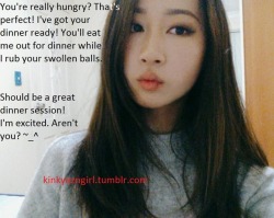 kinkyazngirl:  Thank your cute princess for being so thoughtful and giving you a “home-made” dinner. Isn’t she so sweet? ~_^ More of my original posts here:https://kinkyazngirl.tumblr.com/tagged/OriginalCaption
