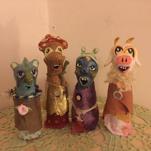 Tiny Glass Bottle Dolls - made with lil liquor bottles , sculpey, fabric scraps & adornments + a