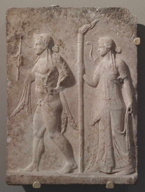 Ancient Greek marble relief depicting Apollo and Artemis, thought to be a copy of a dedicatory relie