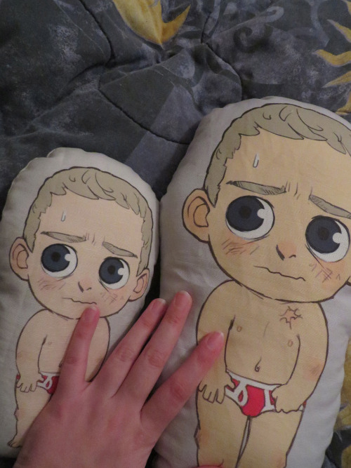 i got my big pillows back!! i like this size, they’re much more huggable~ i have four sets of regular sherlock/john and four of naked sherlock/john that i’ll be selling at the next con i get into, either fanime or AX~