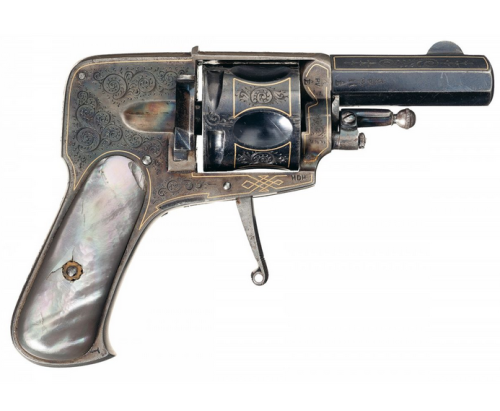 Finely Engraved Gold Inlaid European Folding Trigger Double Action Revolver with Rare Black Pearl Gr