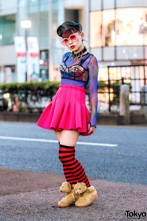 Japanese nail artist Maiko Neuron on the street in Harajuku wearing a sheer Dolls Kill top with a ho