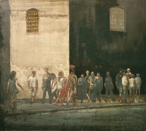 Pedestrians  , Rome  -    Patrick Pietropoli, n/d.French,b.1953-Oil on linen , 32 x 35 in.