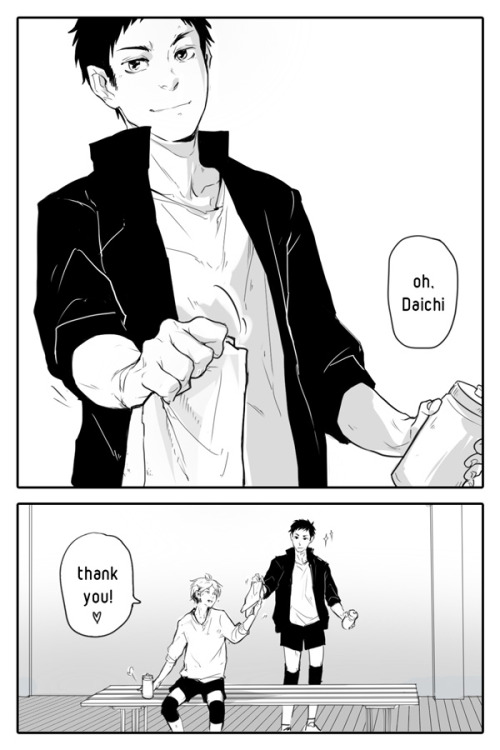 5494art:From: kiwiTo: kieHey kie, I’m your secret haikyuu valentine! I hope you’re gonna have day full of daisugas! (*´◒`*)ﾉ♥ Please accept lots of love from me too and a this thing without a plot but with Daichi trying to be suave and failing!