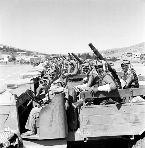 bag-of-dirt:Allied Jordanian troops of the Arab Legion prepare for desert patrol. The Arab Legion to