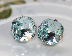 pastelpresent:  Icy Light Aquamarine Swarovski Stud Earrings,Cushion Post,Light Aquamarine,Pale Pastel Blue,Large Stud,Something Blue,Bridesmaids,Weddings