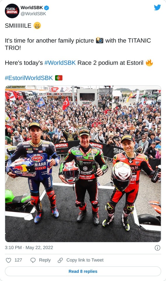 SMIIIIIILE 😁  It's time for another family picture 📸 with the TITANIC TRIO!   Here's today's #WorldSBK Race 2 podium at Estoril 🔥#EstorilWorldSBK 🇵🇹 pic.twitter.com/4h1YNWBNaG  — WorldSBK (@WorldSBK) May 22, 2022