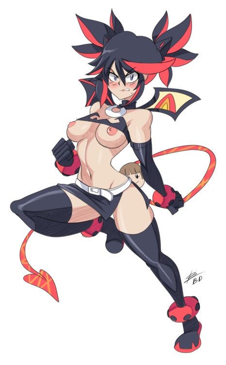 bigdead93:  Commission of Ryuko trying to fit into Etna’s clothes!