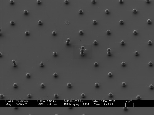 nanofabrication: The World’s Smallest Snowman stands less than 3 microns tall.  The snowman was fabricated from three 0.9 micron silica spheres stacked with the use of electron beam lithography.  The eyes and mouth were cut with a focused ion beam