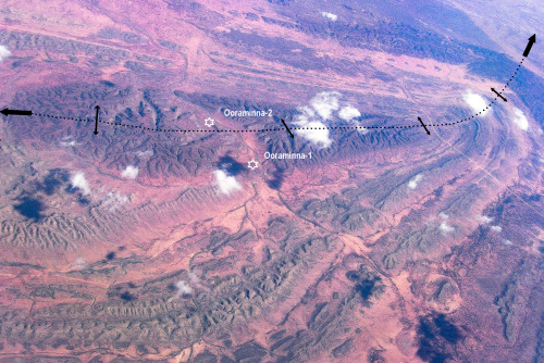 2005: The Ooraminna Anticline seen from 35,000 feet. The wells, Ooraminna-1 and Ooramina-2, found ga