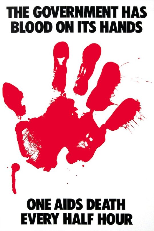 a red hand-print on a white background. top text reads "THE GOVERNMENT HAS BLOOD ON ITS HANDS" and bottom texts reads "ONE AIDS DEATH EVERY HALF HOUR"