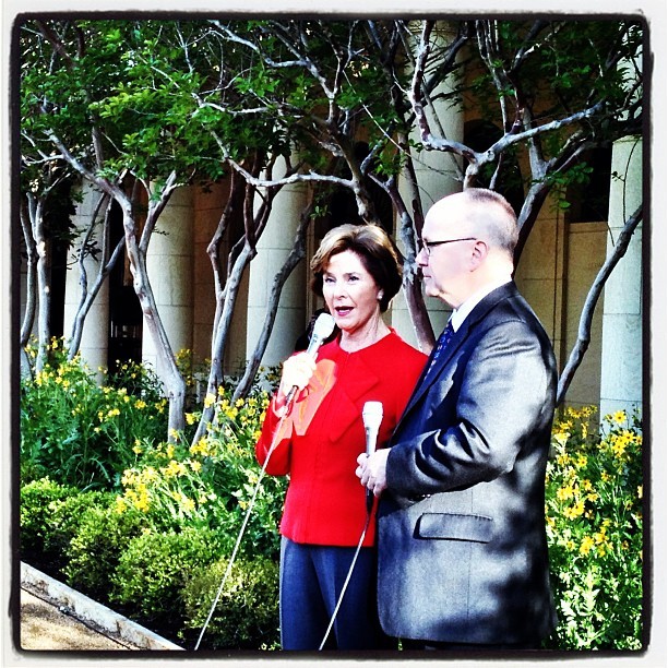 Laura Bush speaks to reporters in the “Rose Garden” of the Bush library (Dallas TX)