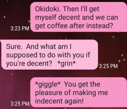 kinkylittlefatgirl:Twenty years together, and husband man and I still flirt like this pretty much daily. I’m such a lucky girl!
