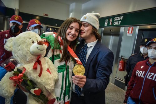 consistofthestrange: Stefania Constantini returned to Italy with her Olympic gold medal, 12/02/2022.