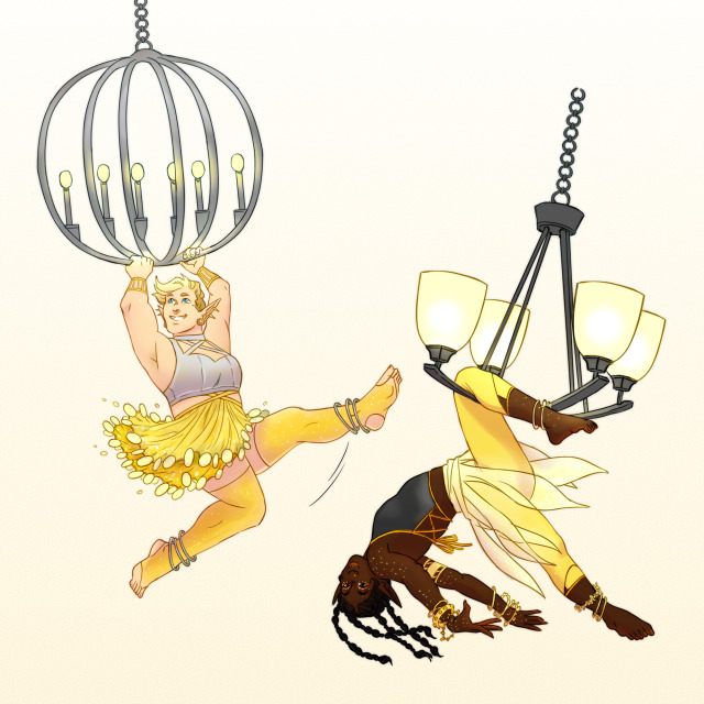 Drawing of two elves handing from light fixtures. The one on the left has undercut, blonde hair, pale skin, and a short muscular build. She is wearing a golden halter top and loose skirt lined with gold coins, as well as yellow tights and silver anklets. She is swinging from a spherical silver chandelier. The one on the right has brown skin, long black hair in ponytails, and a slight build. She wears a grey and gold tank top and a loose, sheer skirt over yellow tights. As well as several bracelets and anklets. She is hanging from a grey light fixture.