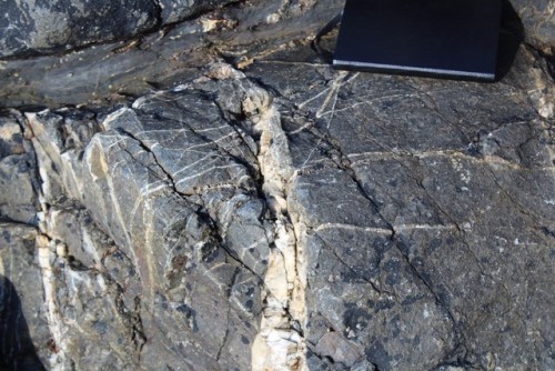 i-paperslut-fotografia:Fine shale with quartz veins and sigmoids.Grauvaques com veios de quartzo e s