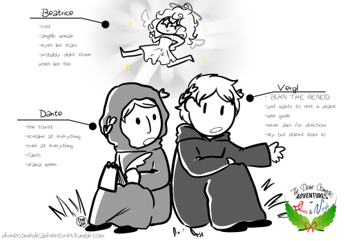 divinecomedicadventures:Some stuff to kick off this blog! The main three characters (ha) and what I 