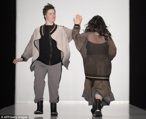 disabilityhistory:  Breaking down barriers: Russian designers present catwalk collections on disabled models at Moscow Fashion Week Image description: Three photos of disabled models on a catwalk: a little woman in black and white with a fierce pose,