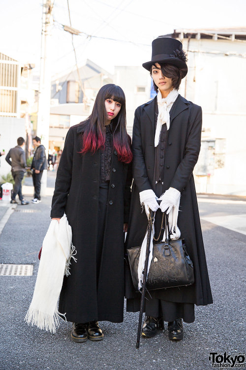 tokyo-fashion:  Ayaca and Kawamura - both 19-year-old students - on the street in Harajuku. She’s wearing a resale black maxi coat with dip dye hair, boots, and Black Peace Now accessories. He’s wearing a long Alice Auaa coat over a Black Peace Now