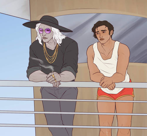 I offer an art chunk from @jacqcrisis ‘s 70s beach town Charon &amp; Hermes fic, b/c 