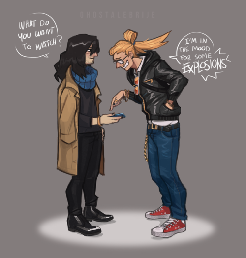 ghostalebrije: Movie date! Aizawa should be looking down to his phone but I wanted to draw him looking at Mic instead and be a huge gay….. because same….. Mic is too cute to not look at him 24/7.  I posted the process for this on my twitter, follow