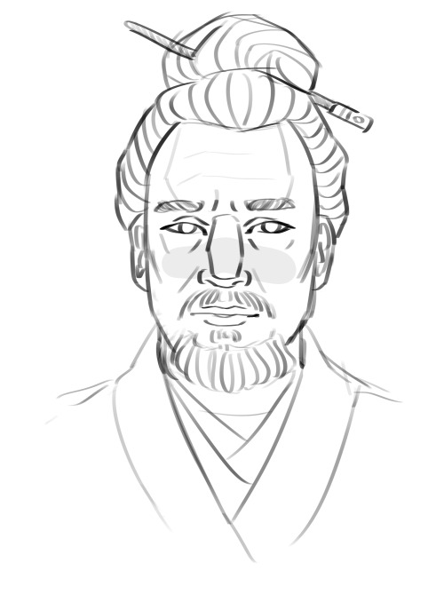 But what if Qui Gon had a mullet, I hear you ask(Click for better quality ‍♀️)[ID: Seven sketches of