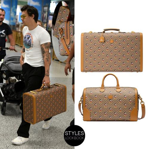 styleslookbook: At the airport in Miami, Harry was pictured carrying a Gucci GG canvas suitcase with