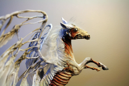 “Apocalypse” zombie pegasus unicorn sculpture. Completely handmade from polymer clay over a wire and