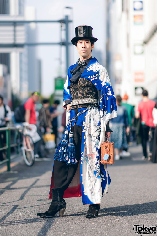 tokyo-fashion: Karumu on the street in Harajuku wearing a vintage Japanese kimono with a ruffle top,