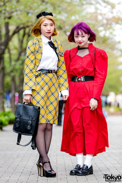 tokyo-fashion:  18-year-old students HayakaName and HikariName on the street near Bunka Fashion College in Tokyo wearing colorful vintage styles with items from Punk Cake Harajuku, Moschino, and WC Harajuku. Full Looks