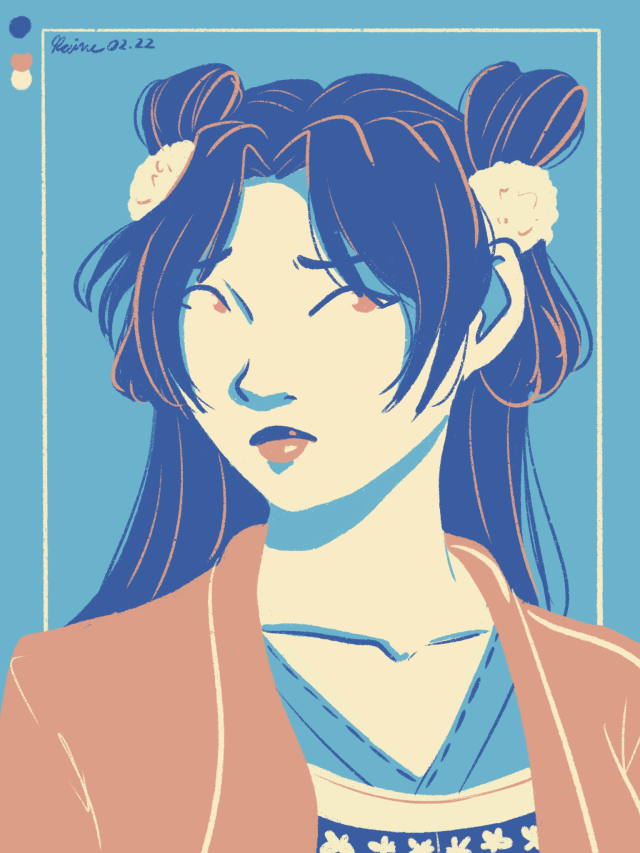 A digital illustration of a woman from the shoulders up. She is frowning and wears a hanfu. Her hair is partially up with pompom accessories.