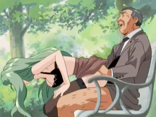 Fucking pair gets voyeured in a park.   This lewd hentai pair should have been more careful and attentive when decided to fuck on the park bench. They plunged into the fun having no idea the fellow was voyeuring `em from the bushes.