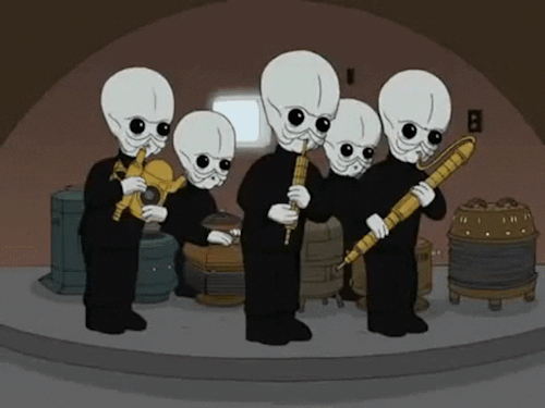 blondebrainpower:Star Wars Mos Eisley Cantina Band - The band is named as Figrin D'an and the Modal Nodes and it is revealed that the players belong to a race called Bith. Their main musical number is also given a title, “Mad About Me”.