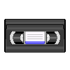 Pixel art of a black VHS tape with a blue and white label
