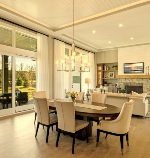 Great Room - Transitional Dining RoomMid-sized Transitional Medium Tone Wood Floor And Gray Floor Great