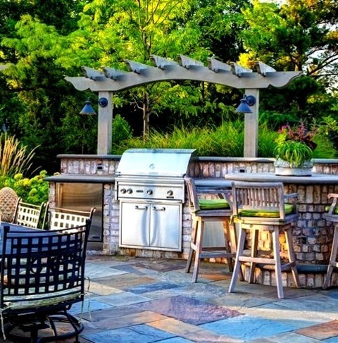 Outdoor Kitchen Outdoor KitchenWith A Pergola, A Grand, Elegant Backyard Stone Patio Kitchen Photo