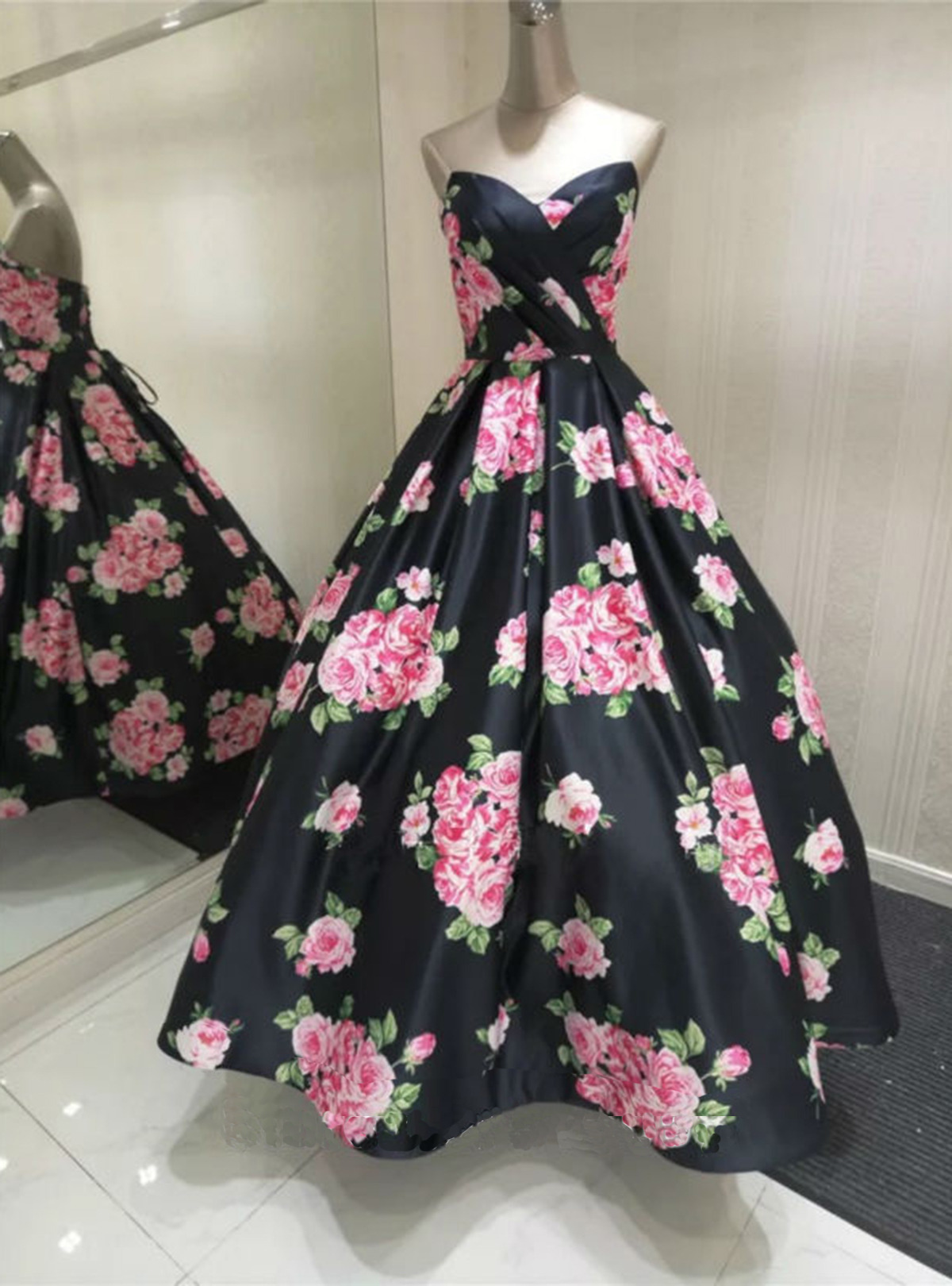 Prom Dresses collection — Beautiful black foral satin prom dress
