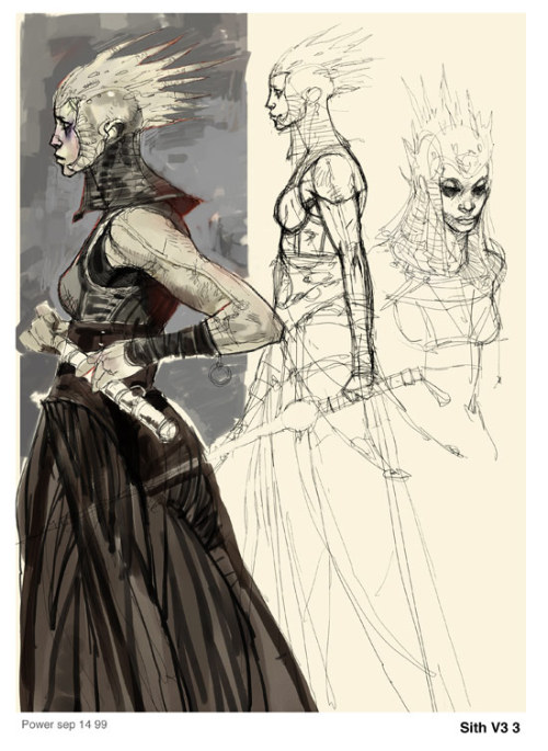 alwaysstarwars:  Stunning concept art for a female Sith by Dermot Power These illustrations, originally developed for Attack of the Clones, would later be used as the basis for Asajj Ventress. 