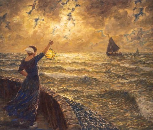 catonhottinroof:Hubert Ritzenhofen (1879 - 1961) Fisherman’s wife lights the way for the returning s