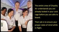 The entire crew of Chastity Air understands you are already locked in your cock cage before you are able to board. Their job is to ensure your proper state of mind while in flight.