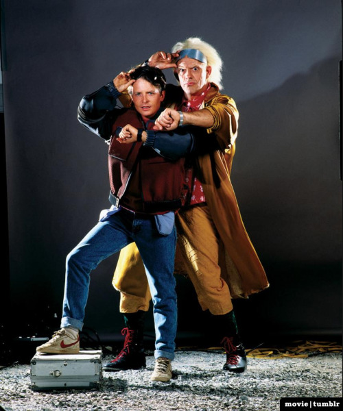 movie:  Previously unreleased production photo of Michael J. Fox and Christopher Lloyd posing for the Back to the Future II movie poster. 