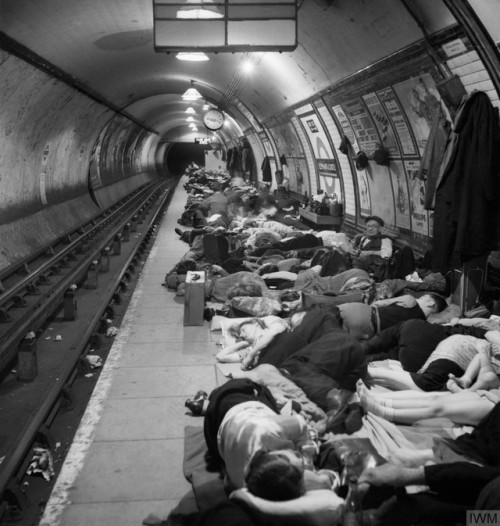 People sheltering on the platform of the Elephant and Castle tubestation in south London during an a